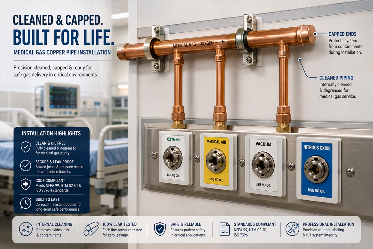 Medical gas copper pipe in hospital wall system
