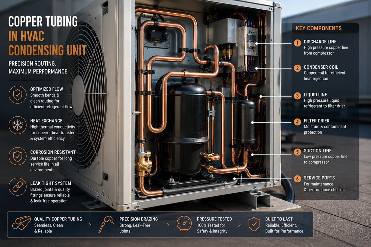 Copper tubing in an HVAC condensing unit