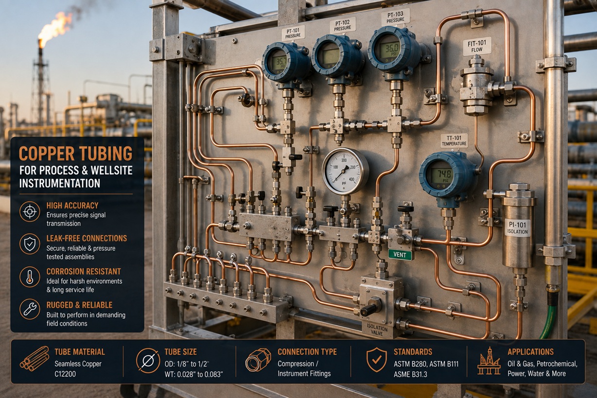 Copper tubing on industrial instrumentation skid