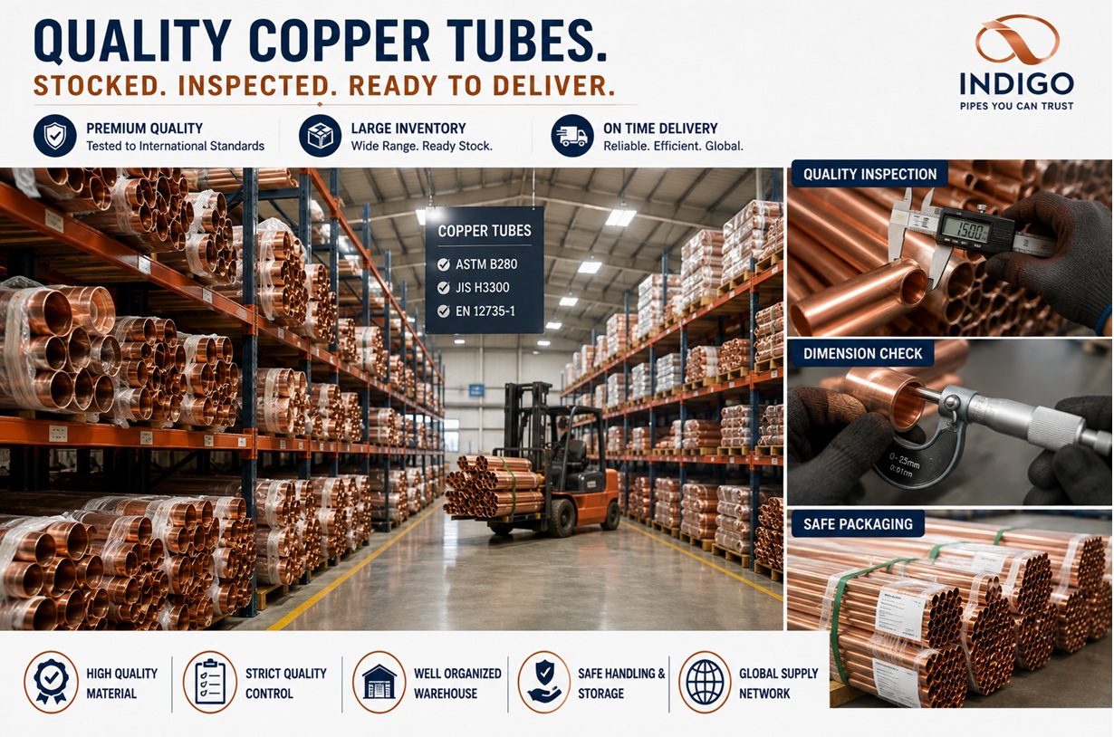 Warehouse with Stocked Copper Tubes and Quality Inspection