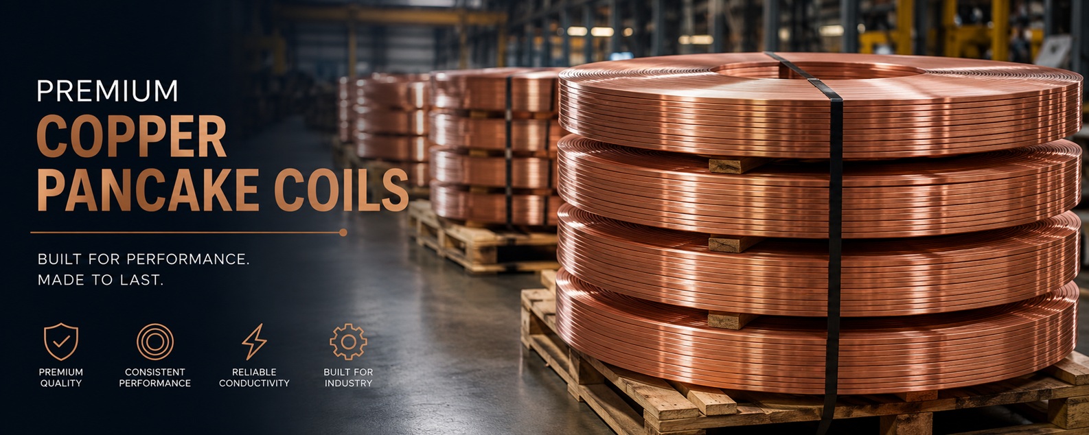Premium copper pancake coils stacked in a warehouse