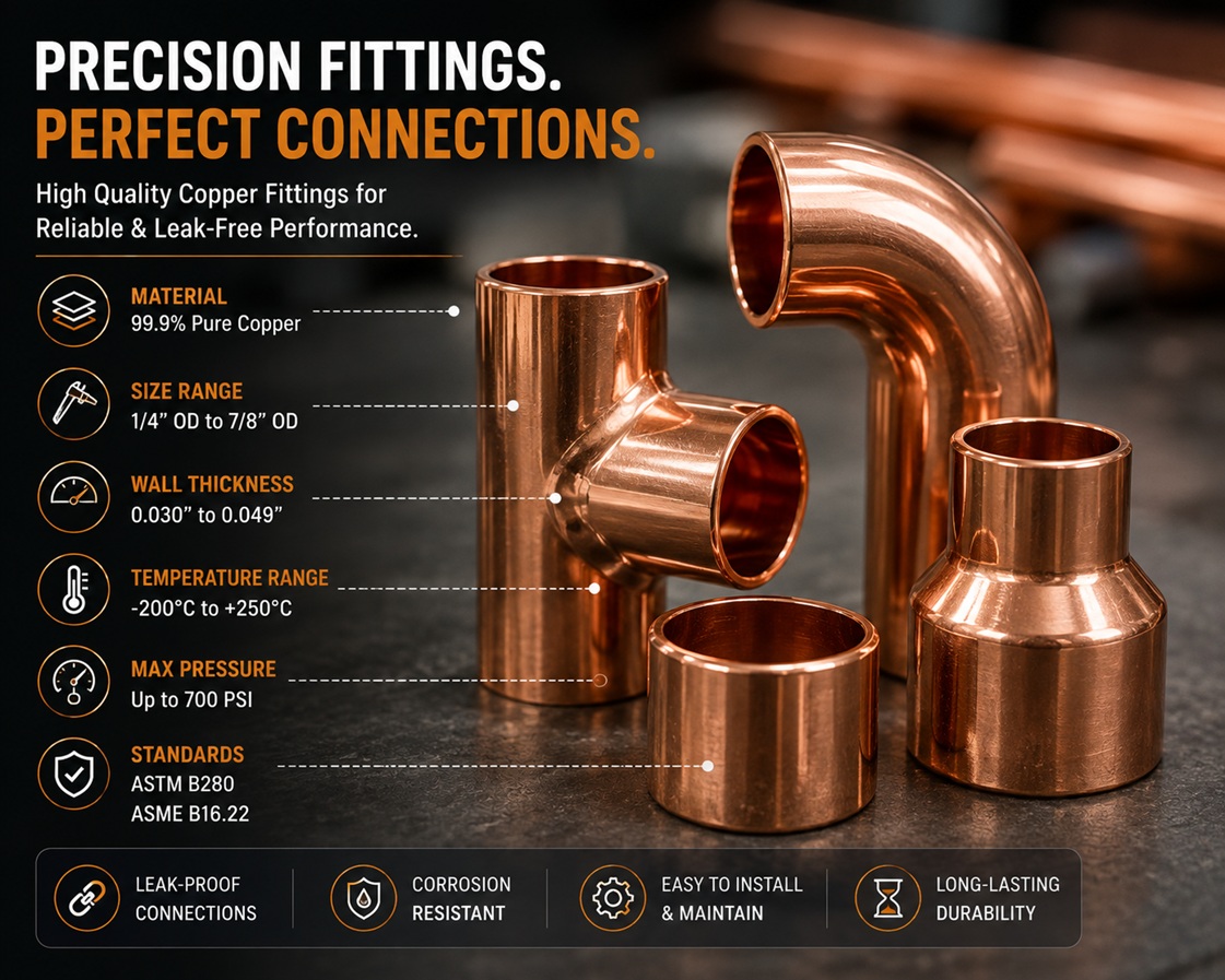 Copper fittings with quick specification callouts