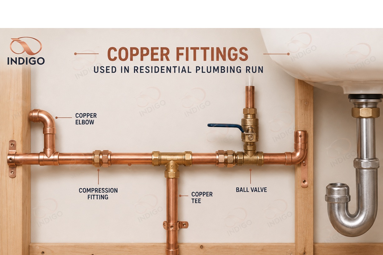 Copper fittings in a residential plumbing run
