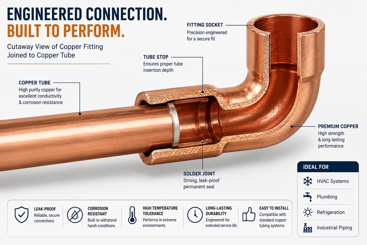 Cutaway of a copper fitting joined to tube