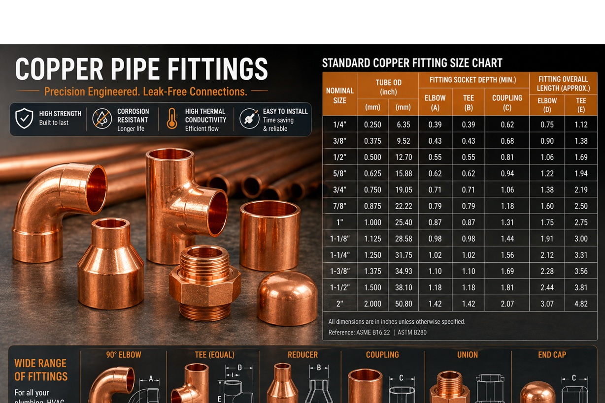 Copper pipe fittings with size chart