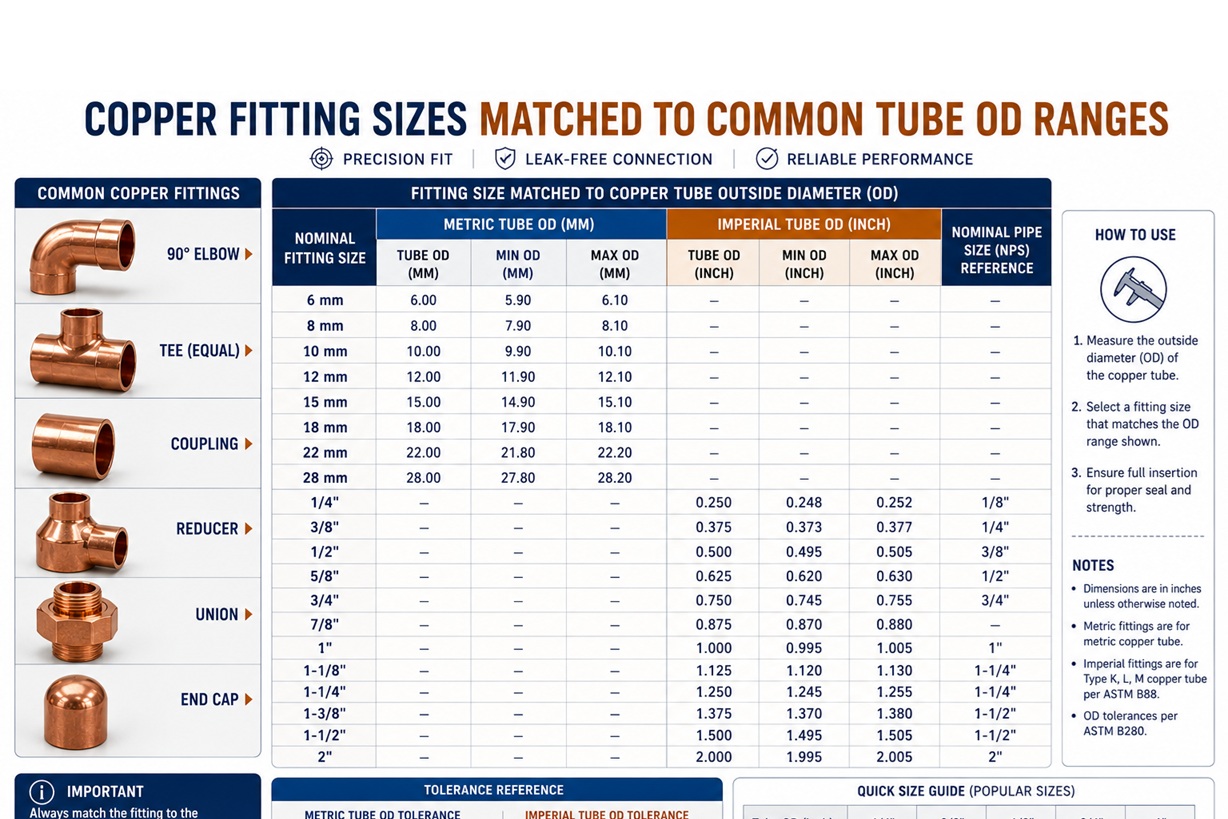 Fitting sizes matched to tube diameters