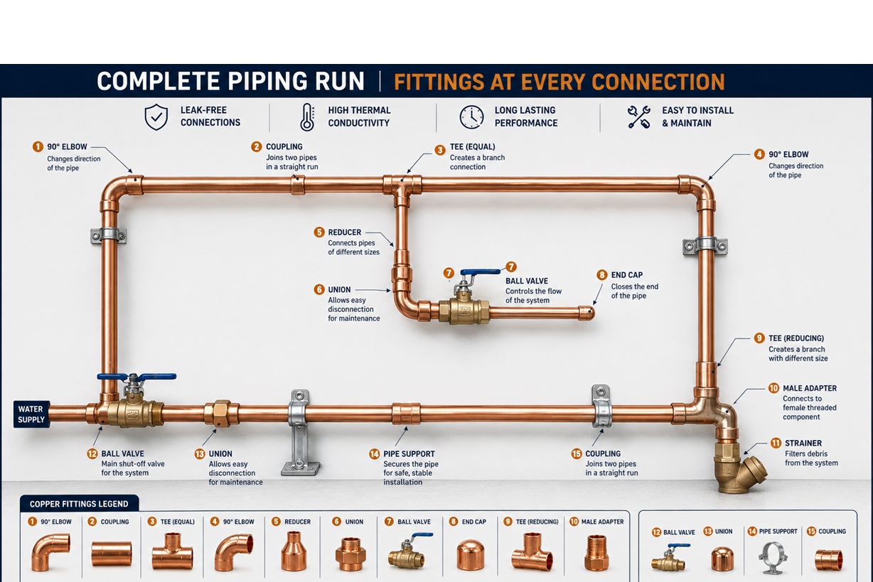 Piping run with fittings at each connection